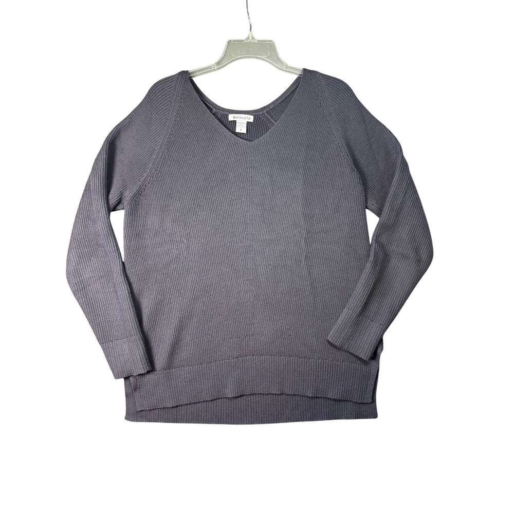 Athleta Hanover V-Neck Sweater Merino Wool Blend Ribbed Gray Size M Minimalist